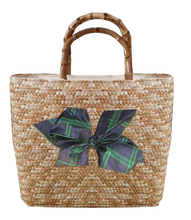 Load image into Gallery viewer, Sankaty Straw Tote with Interchangeable Bow - Black Watch Plaid