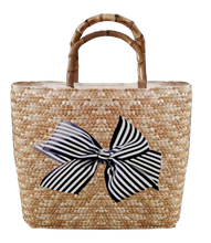 Load image into Gallery viewer, Sankaty Straw Tote with Interchangeable Bow - Navy Stripe