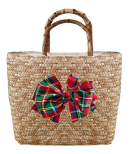 Load image into Gallery viewer, Sankaty Straw Tote with Interchangeable Bow - Red Tartan Plaid