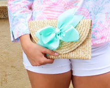 Load image into Gallery viewer, The Vineyard Straw Clutch with Light Aqua Bow - Interchangeable