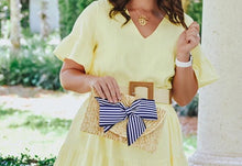 Load image into Gallery viewer, The Vineyard Straw Clutch with Navy and White Striped Bow - Interchangeable
