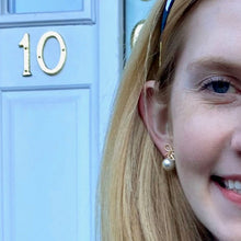 Load image into Gallery viewer, Gold Bow Pearl Earrings, Ribbon Earrings, Pearl Drop Earrings