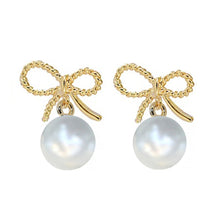 Load image into Gallery viewer, Gold Bow Pearl Earrings, Ribbon Earrings, Pearl Drop Earrings