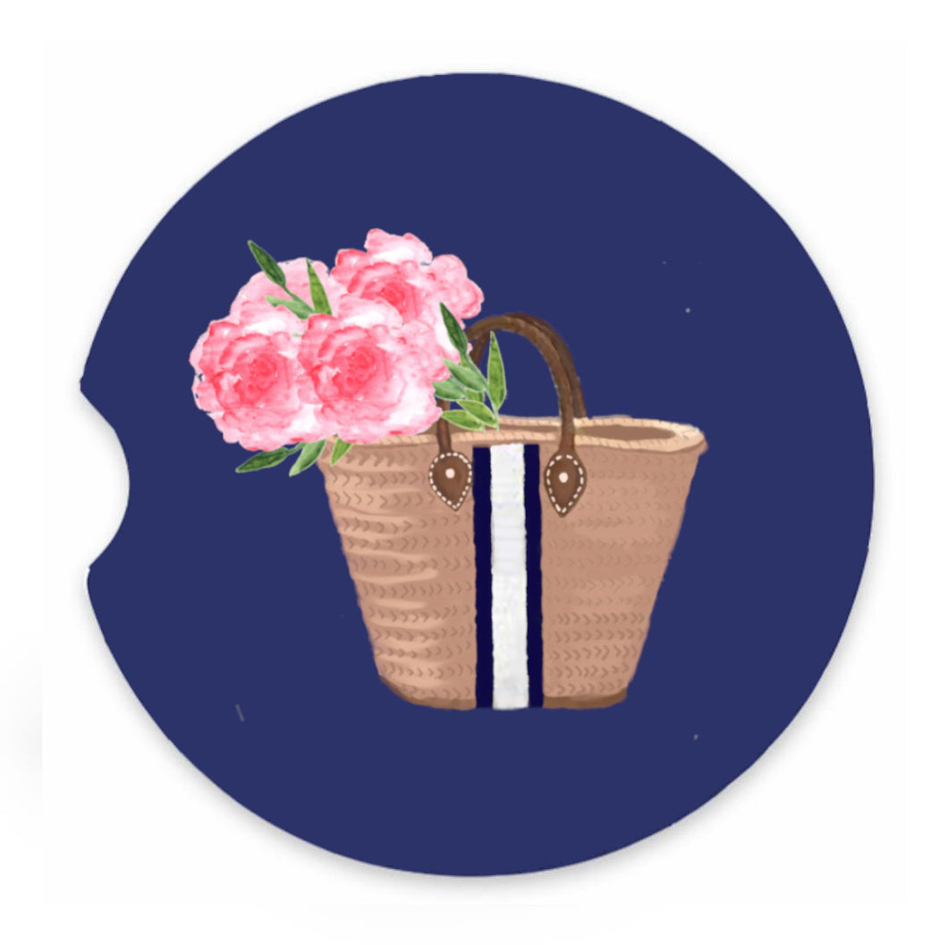Sandstone Car Coaster - Straw Bag with Peonies