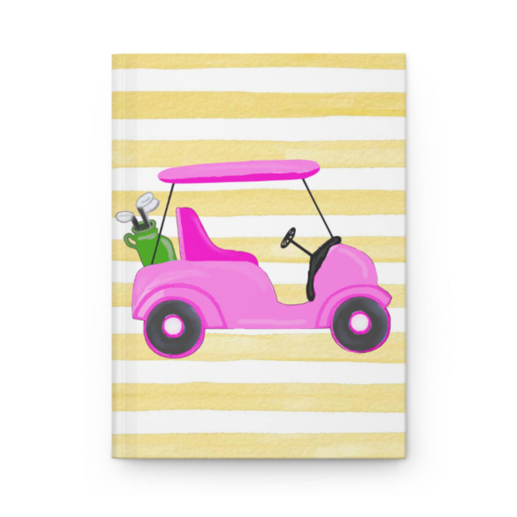 Pink Golf Cart on Yellow Stripes Notebook Journal
