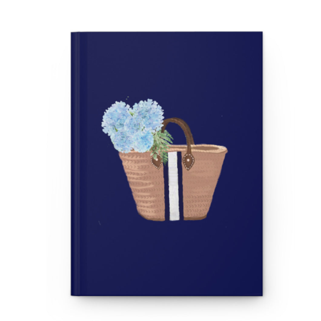 Straw Tote w Hydrangeas on Navy Notebook Journal