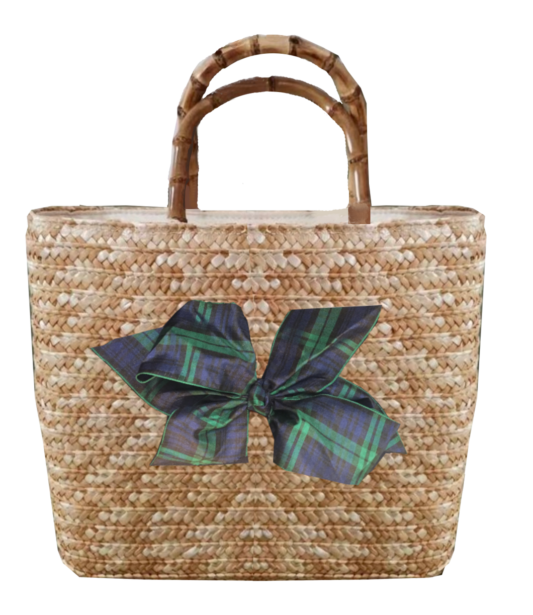 Sankaty Straw Tote with Interchangeable Bow - Black Watch Plaid