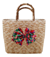 Load image into Gallery viewer, Sankaty Straw Tote with Interchangeable Bow - Red Tartan Plaid
