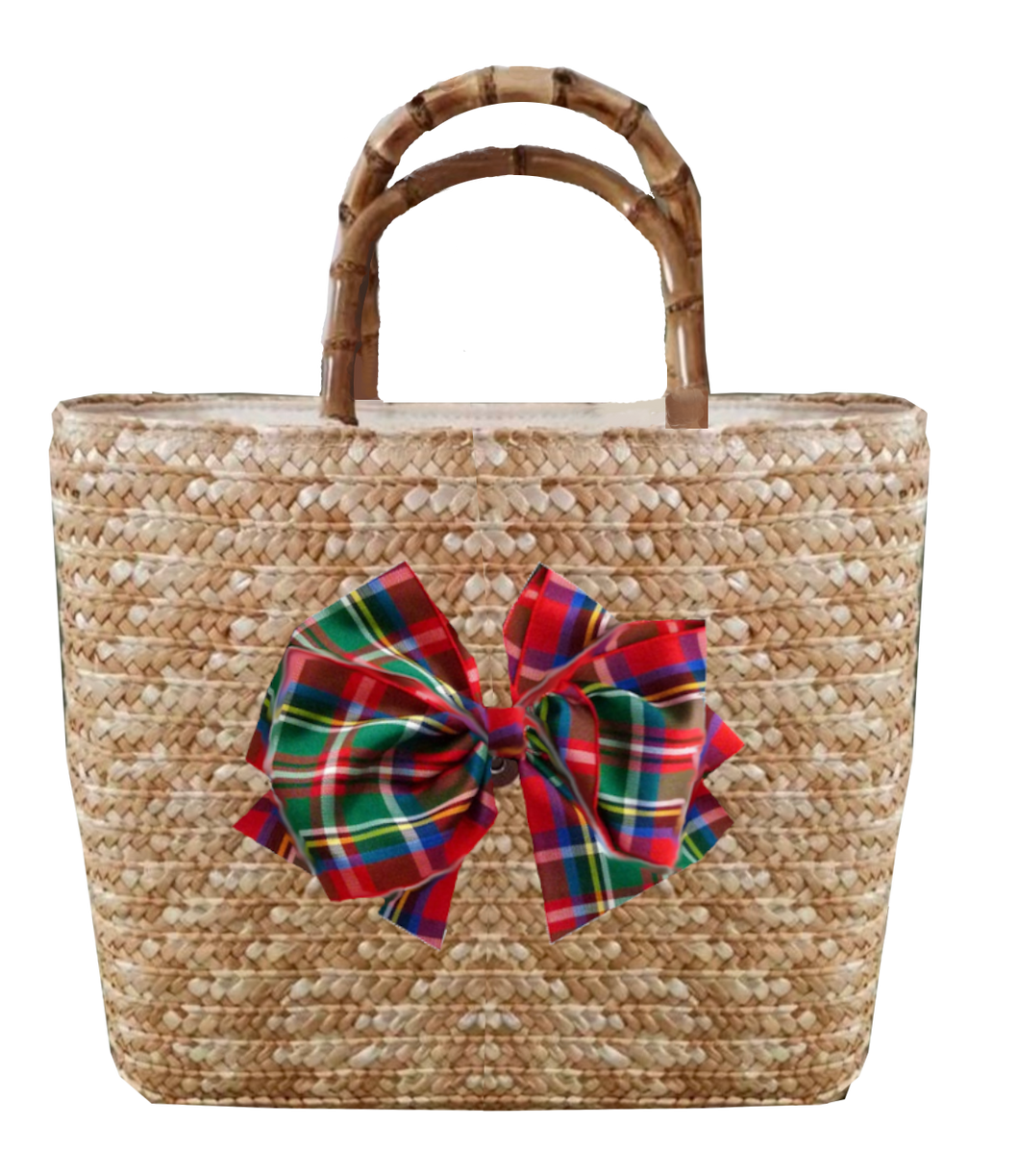 Sankaty Straw Tote with Interchangeable Bow - Red Tartan Plaid