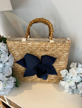 Load image into Gallery viewer, Sankaty Straw Tote with Interchangeable Bow - Navy Stripe
