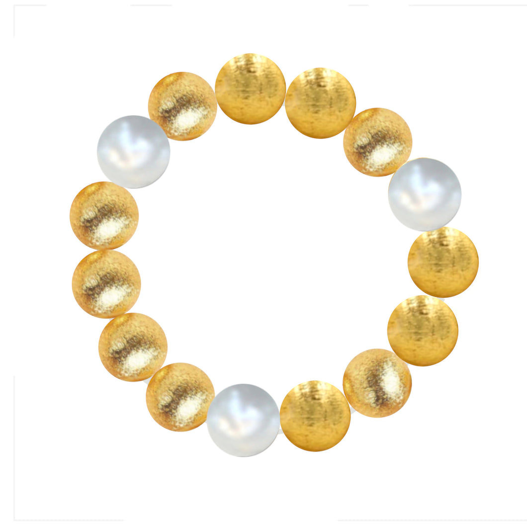 14mm Brushed Gold Beaded Stretch Bracelet with Pearl Accents