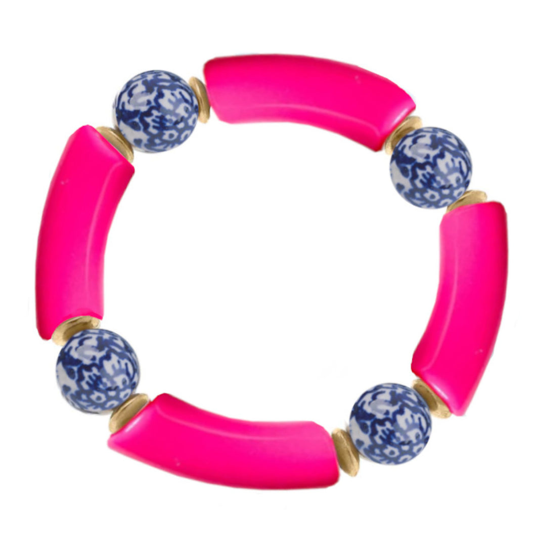 Acrylic Tube Chinoiserie Bead Stretch Bracelet - Hot Pink