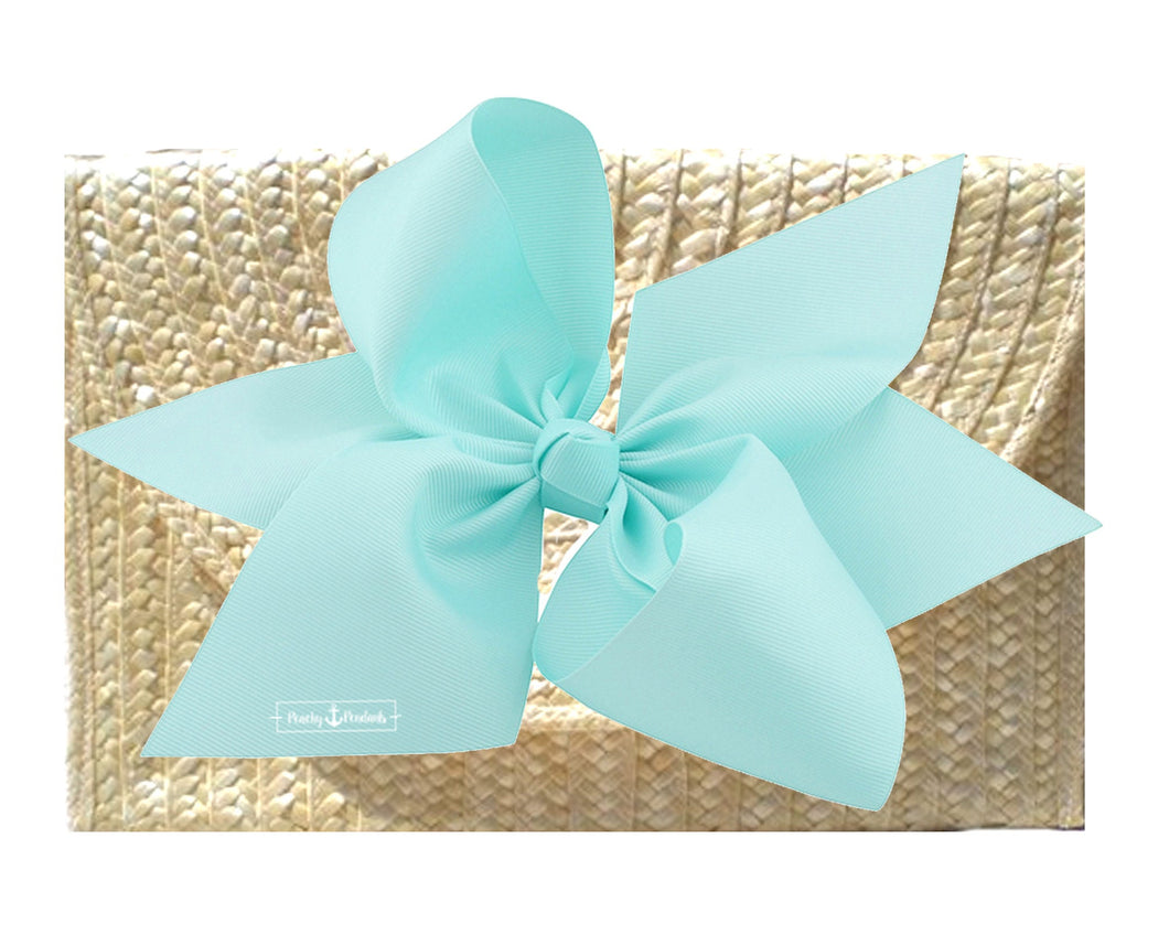 The Vineyard Straw Clutch with Light Aqua Bow - Interchangeable