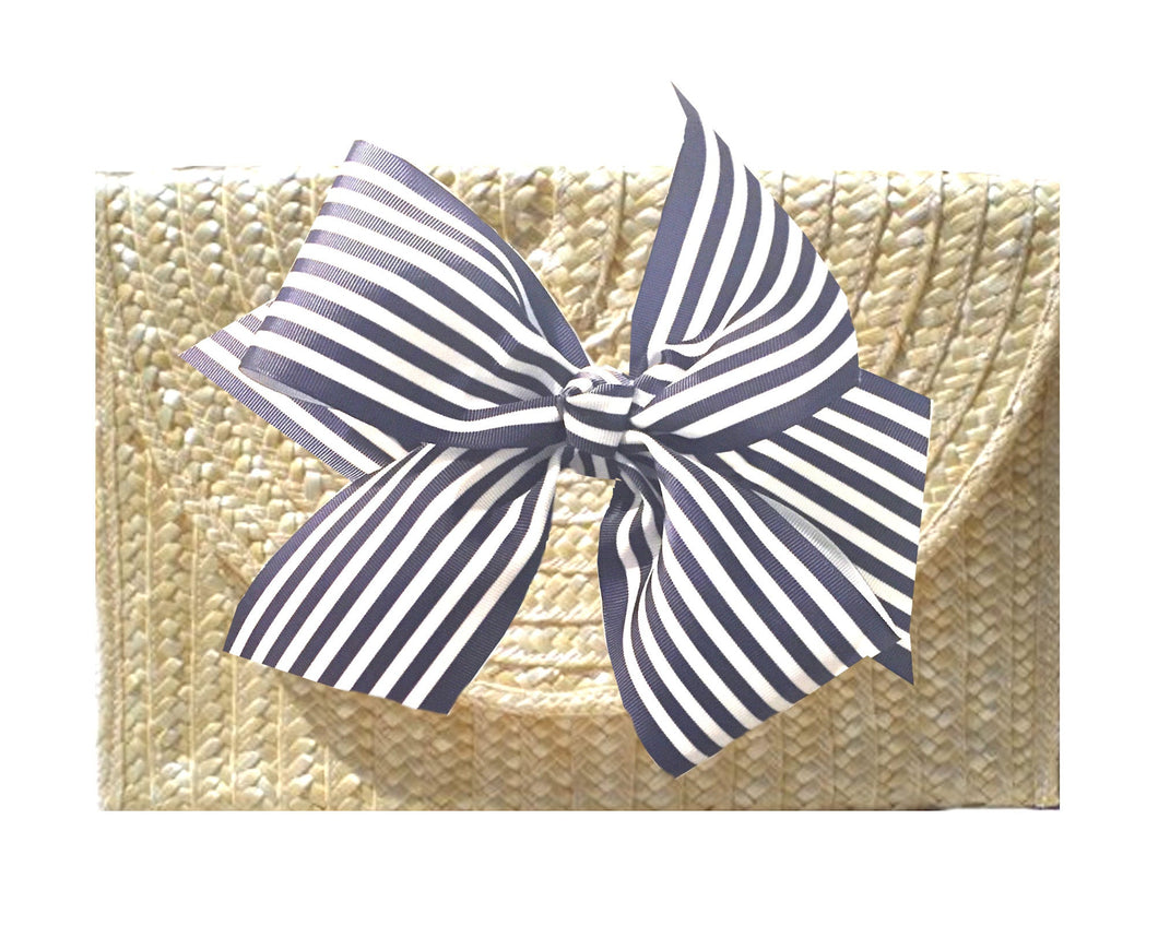 The Vineyard Straw Clutch with Navy and White Striped Bow - Interchangeable