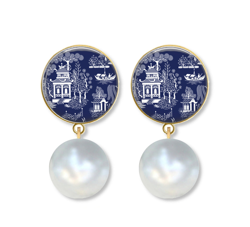 Navy Chinoiserie Earrings, Many Styles, Silver or Gold