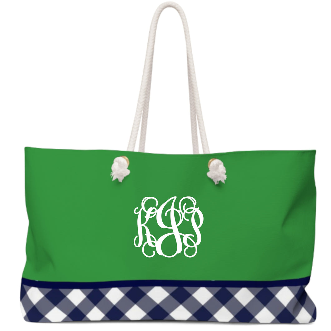 Rope Handle Tote Bag - Kelly Green with Navy Gingham and Monogram
