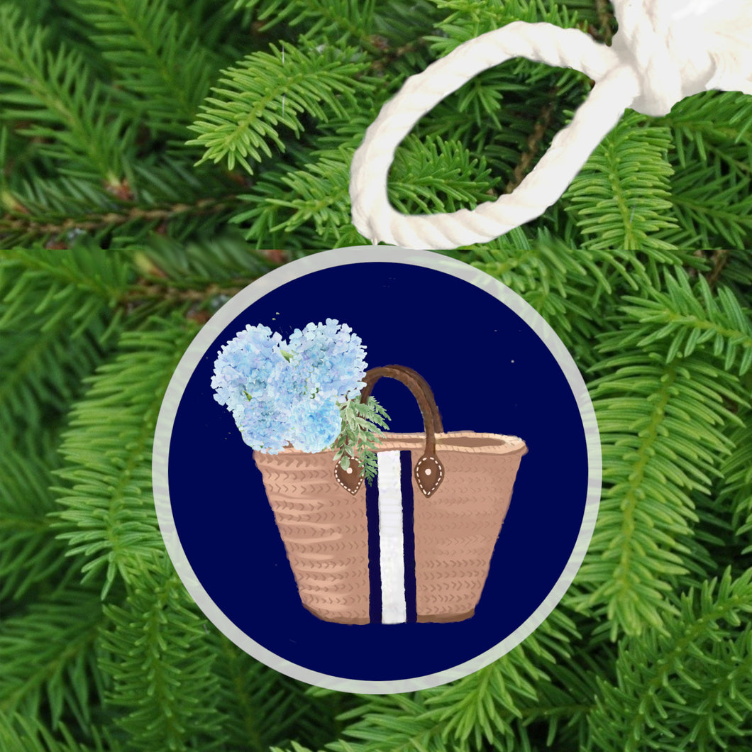 Christmas Ornament -  Straw Bag with Hydrangeas