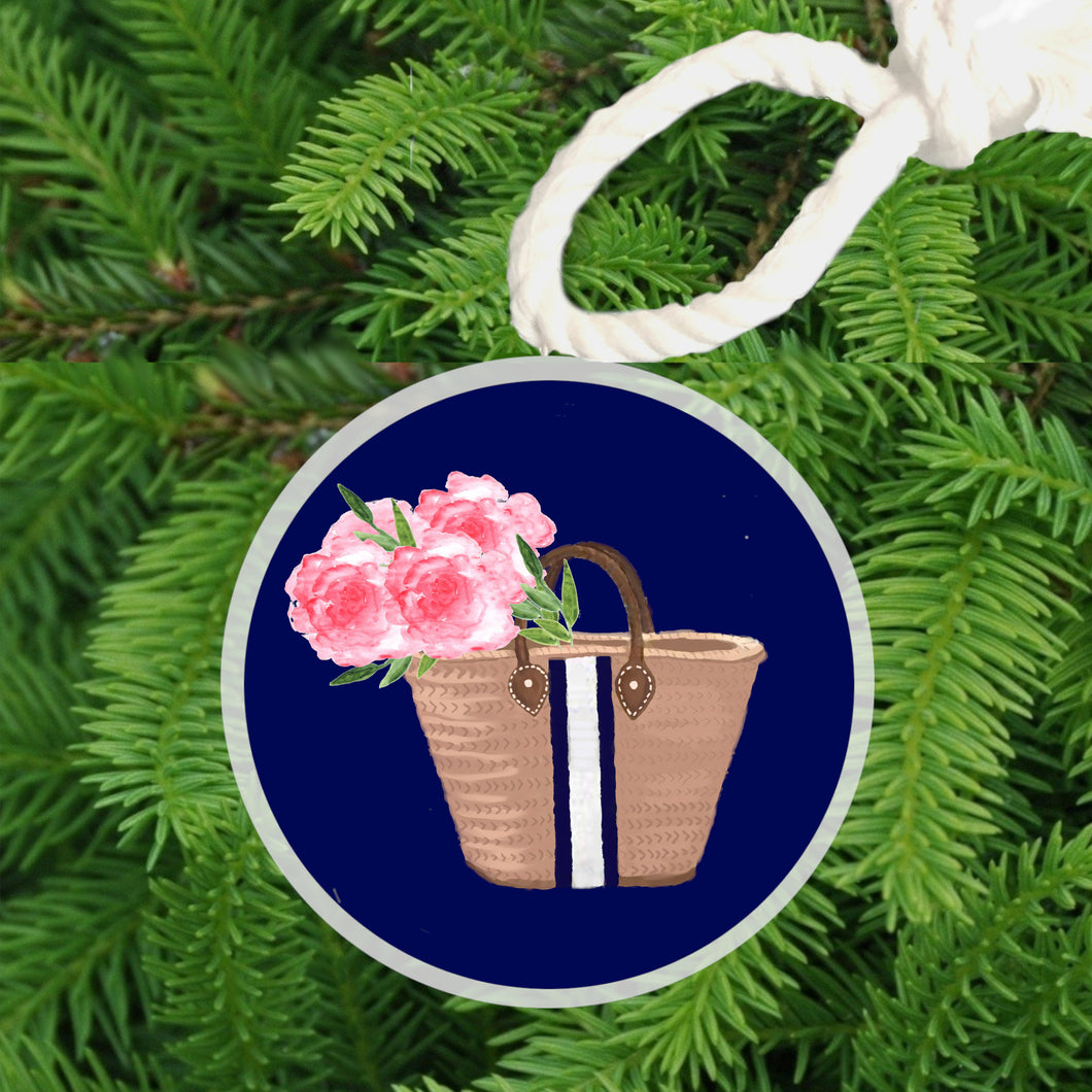 Christmas Ornament -  Straw Bag with Peonies