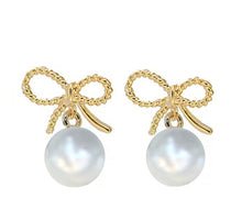 Load image into Gallery viewer, Gold Bow Pearl Earrings, Ribbon Earrings, Pearl Drop Earrings
