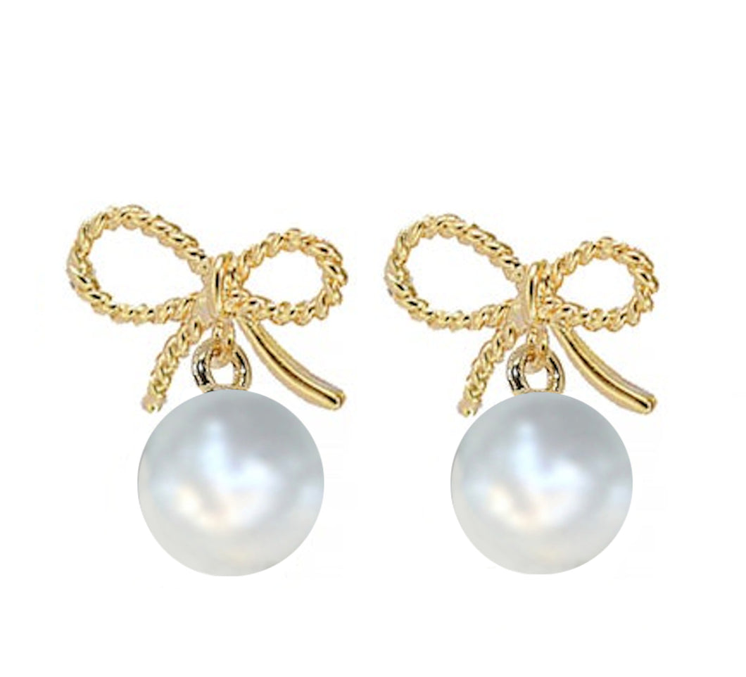 Gold Bow Pearl Earrings, Ribbon Earrings, Pearl Drop Earrings