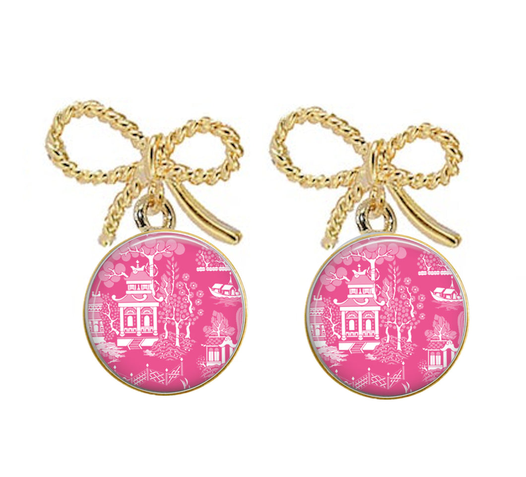 Pink Chinoiserie Earrings, Many Styles, Silver or Gold