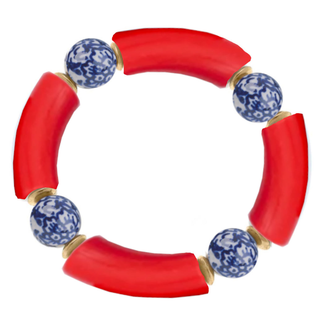 Acrylic Tube Chinoiserie Bead Stretch Bracelet - Red
